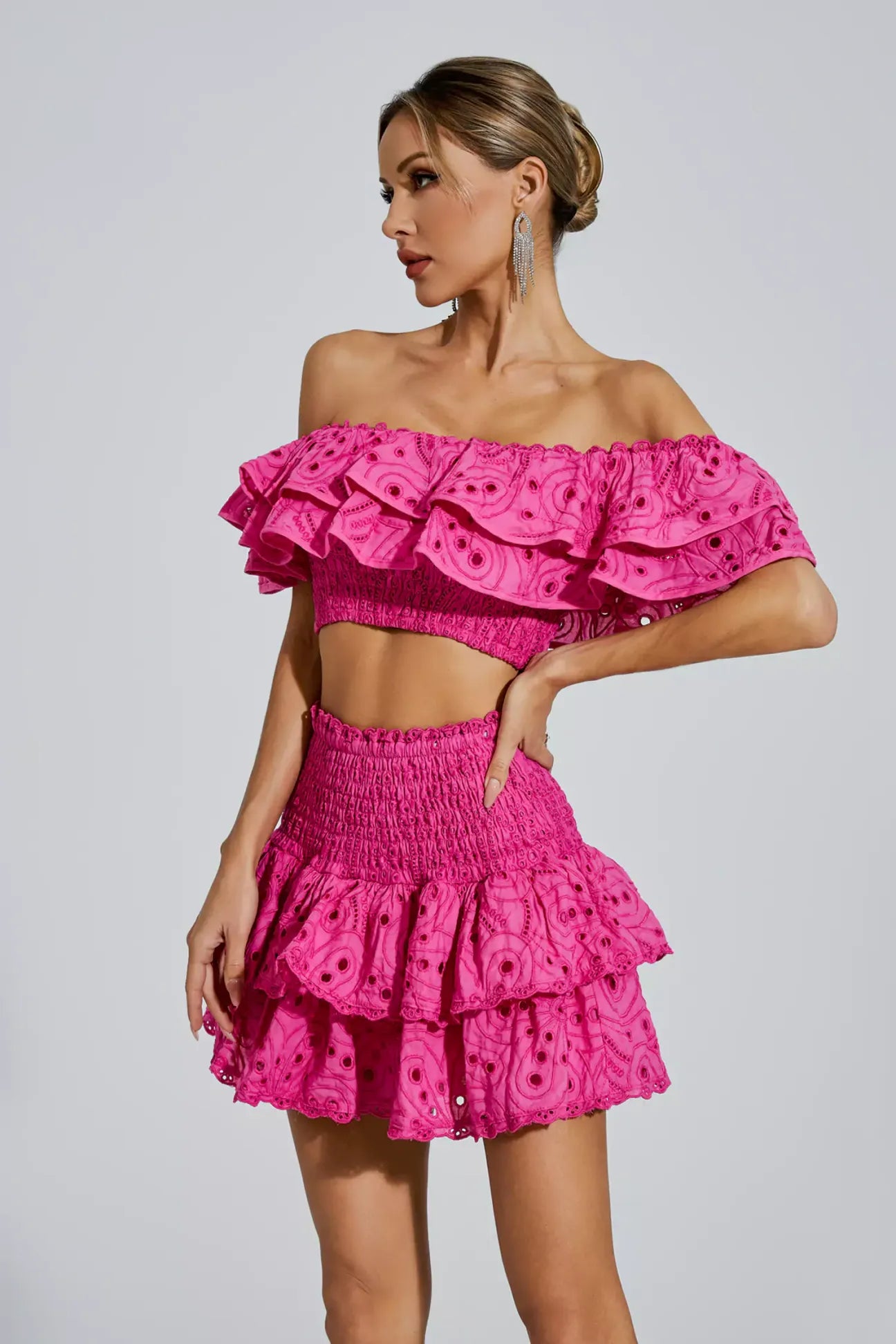 Pink Floral Ruffle Off-Shoulder Set