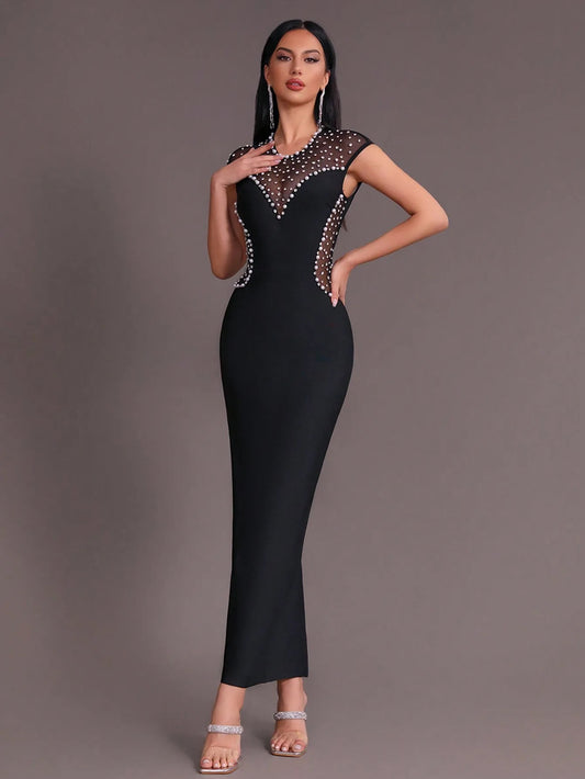 Backless Diamond Pearl Mesh Tight Long Bandage Dress