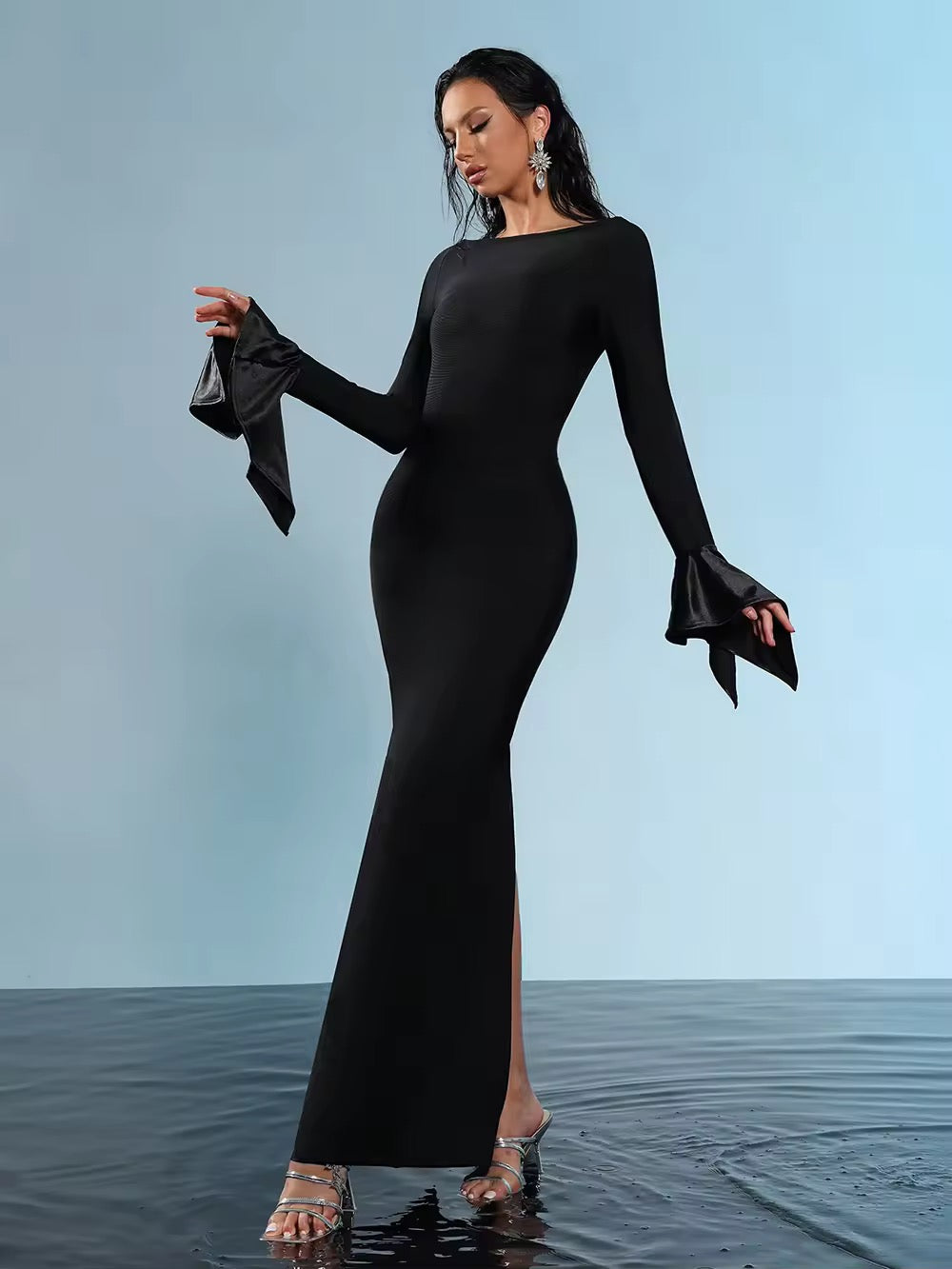 Patchwork Long Sleeves Round Neck Balck Bandage Maxi dress