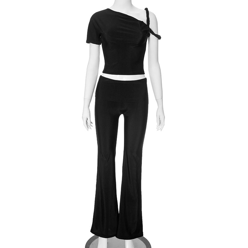 Shoulder Oblique Collar Top Low Waist Trousers Set