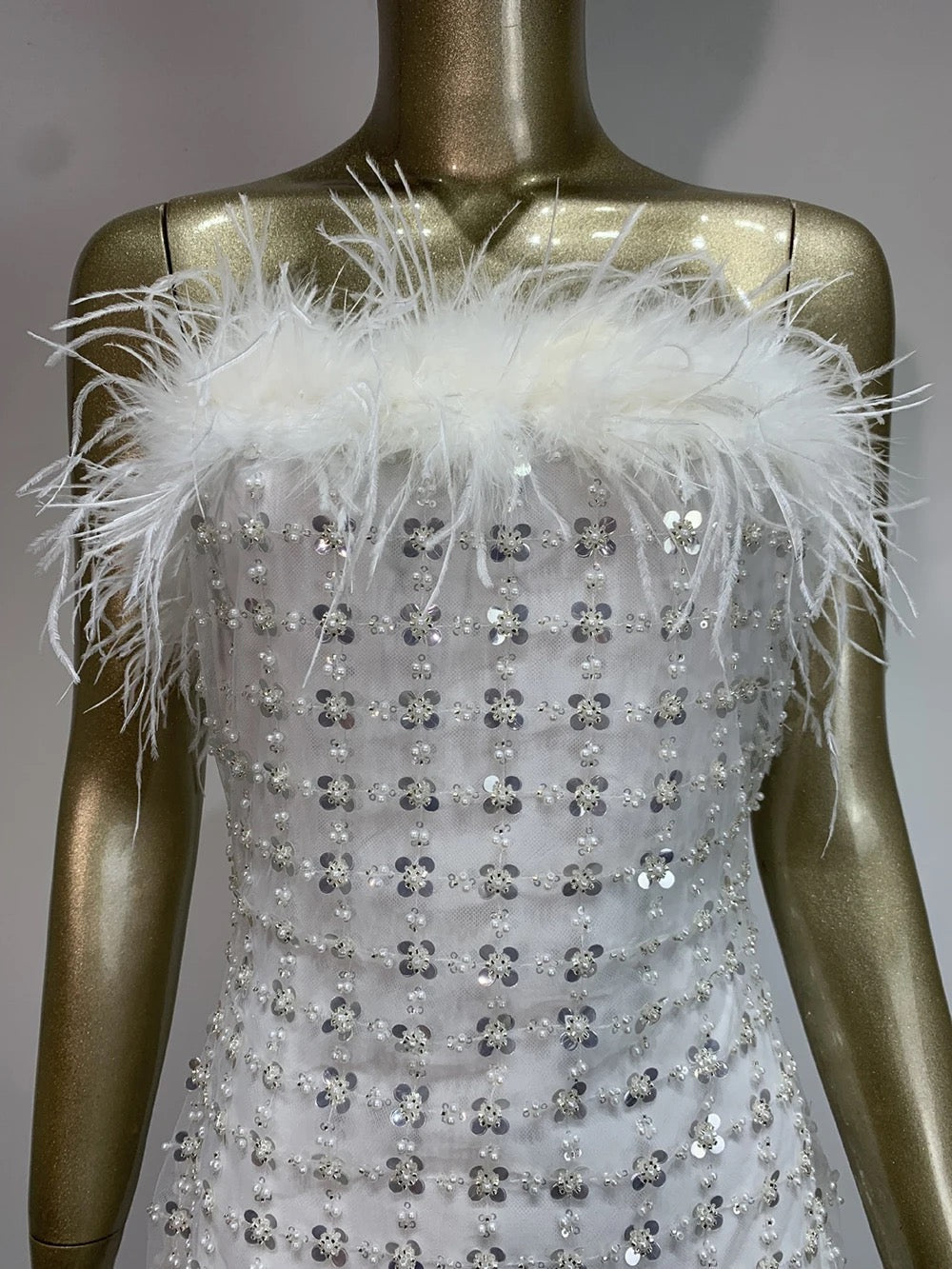 White Strapless Feather Sequins Tight Fit Mini Dress