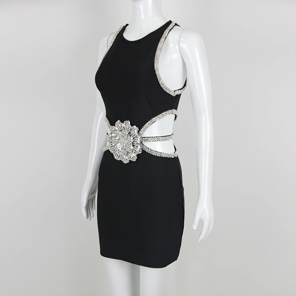 3D Flower Diamond Hollow Cut Mini Bandage Dress