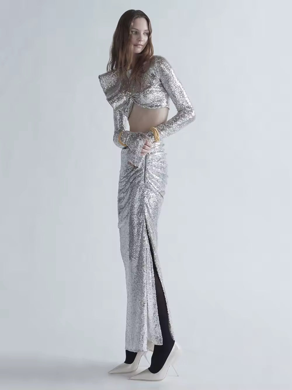 Sequins Ruffle Two Pieces Set Elegant O Neck Full Sleeve Crop Tops Long Skirt