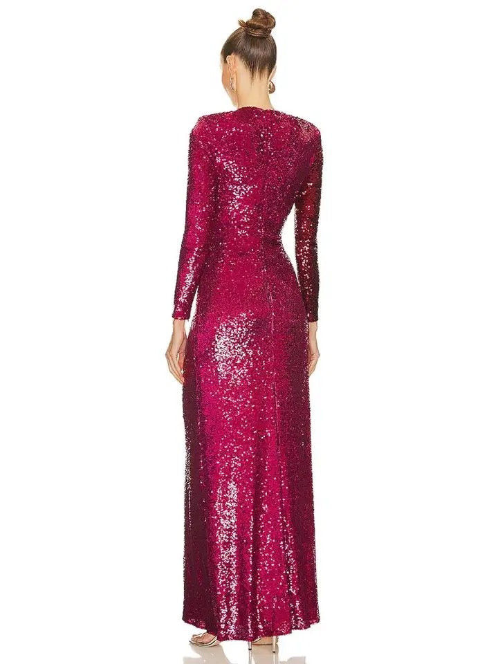 Sequins Long Sleeve Tight High Split Long Dress