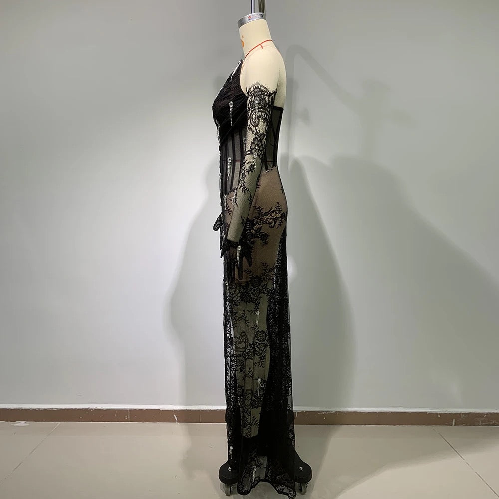 Black Lace Flower Pleated Long Dress