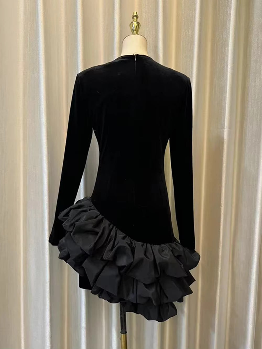 Long Sleeve Asymmetrical Ruffles Velvet Mini Dress