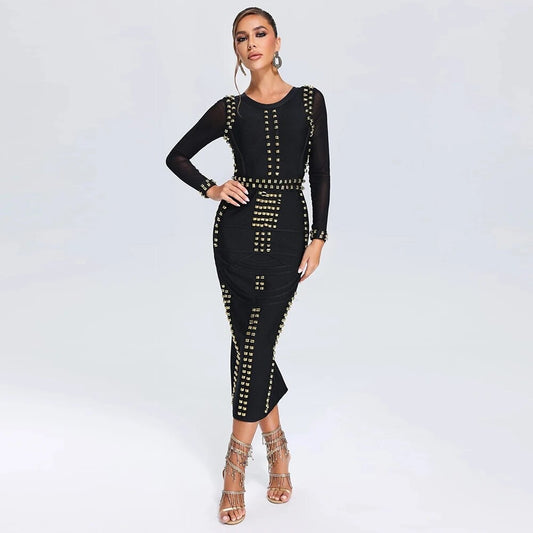 Round Neck Long Sleeve Metal Button Tight Bandage Dress