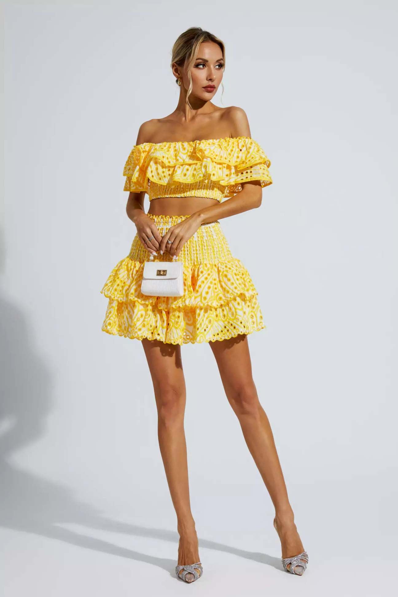 Yellow Floral Ruffle Off-Shoulder Set