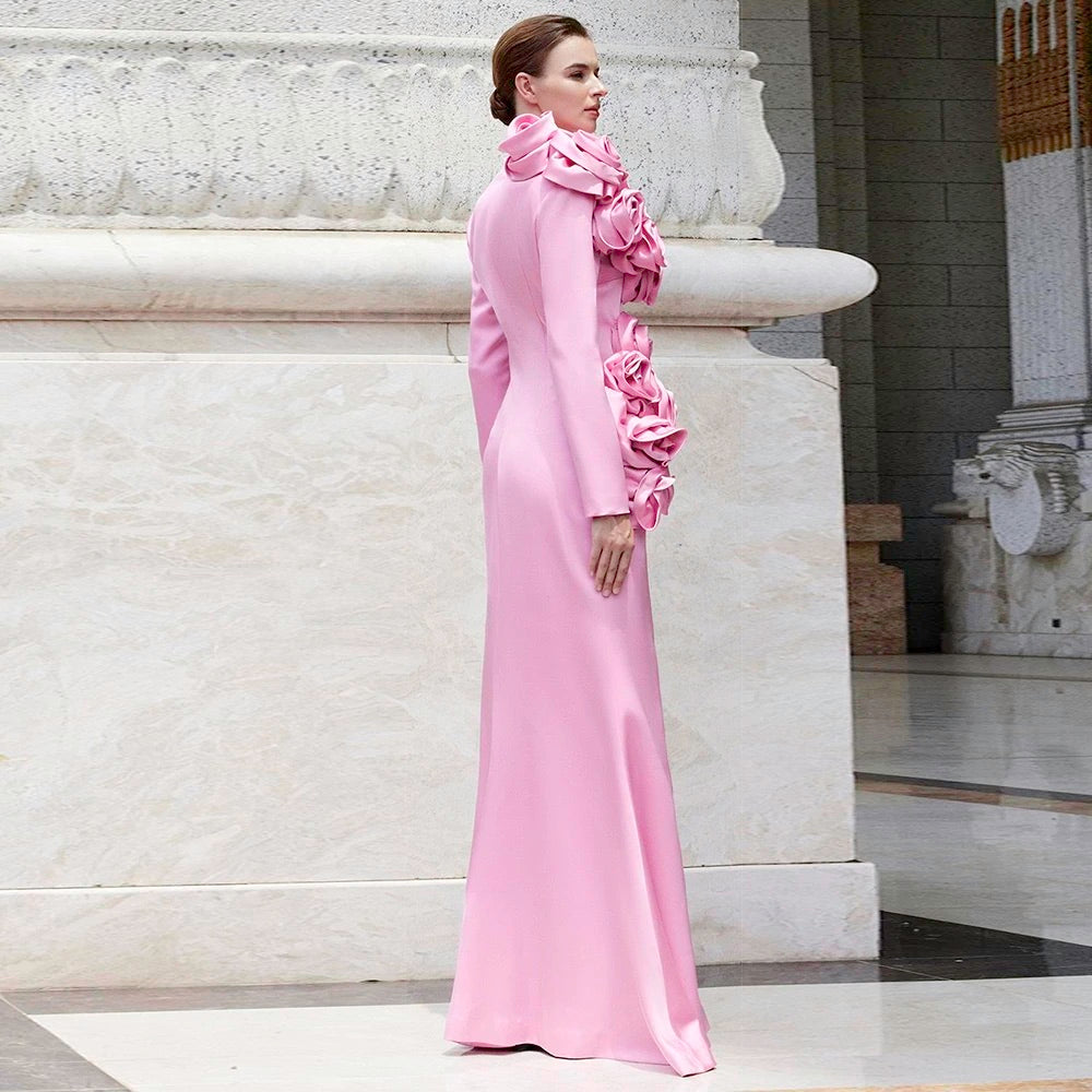 Long Sleeves with Hanging 3D Rose Details Sexy Long Dress