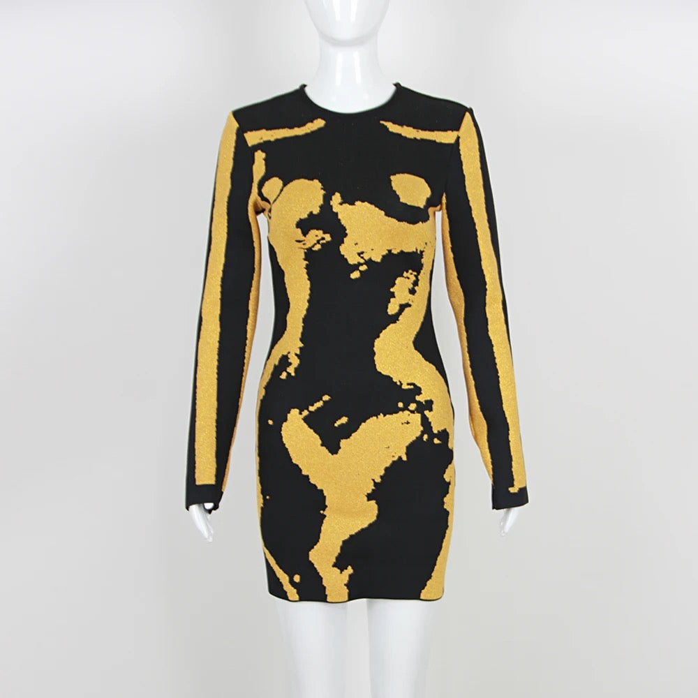 Long sleeved Gold Printed Tight Mini Bandage Dress