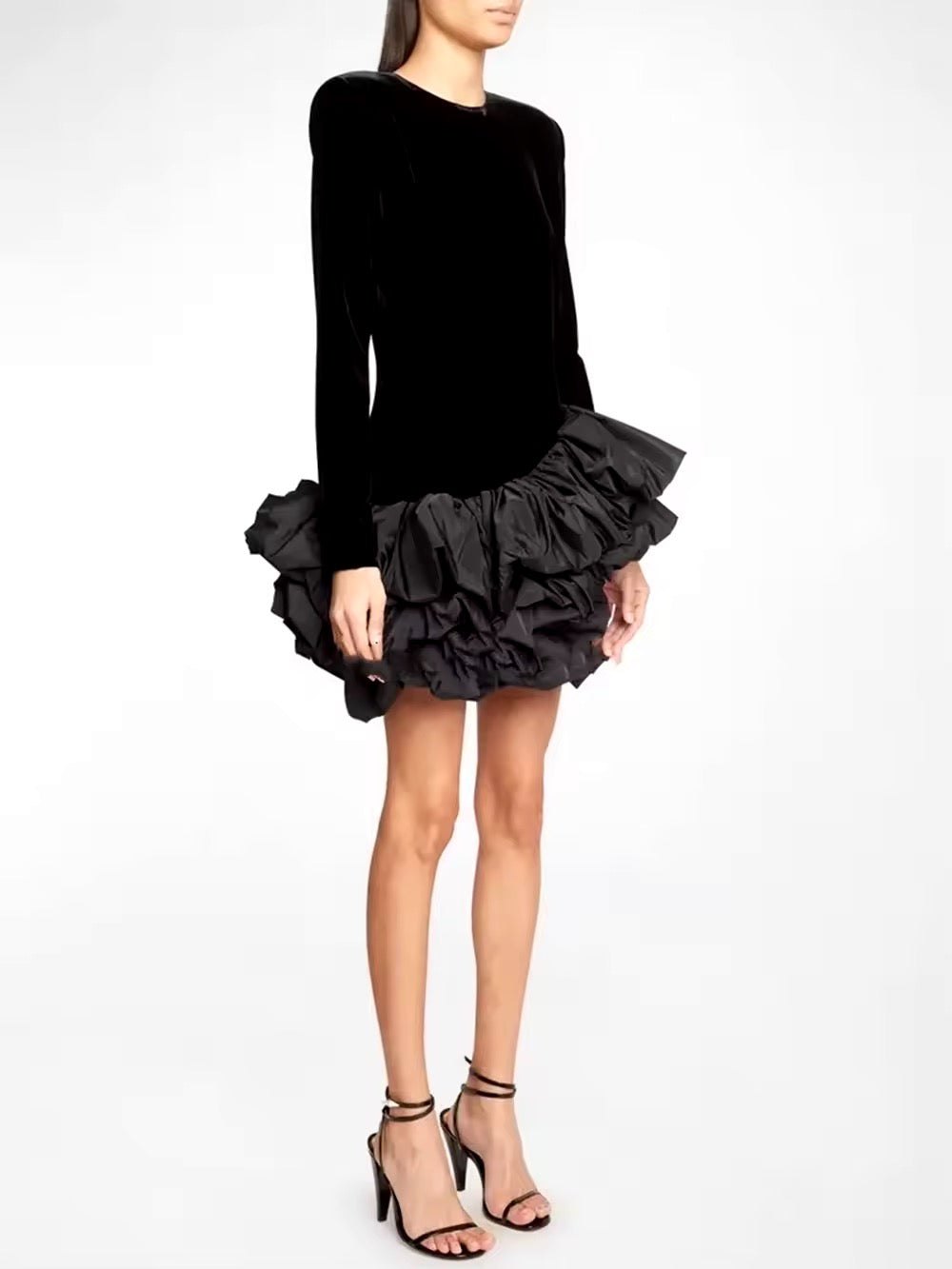 Long Sleeve Asymmetrical Ruffles Velvet Mini Dress