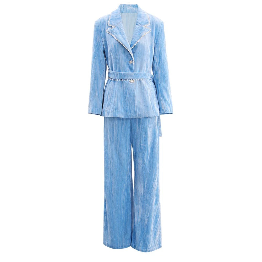 Velvet Set Loose Retro Suit Coat and Wide Pants Belt Set