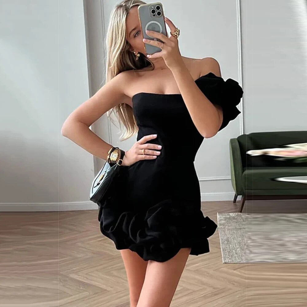 Off the Shoulder Irregular Ruffle Edge Sexy Tight Mini Dress