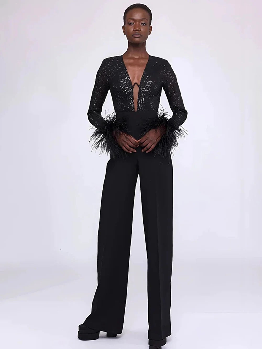 Long sleeved Feather Sexy V-neck Sequin jumpsuit