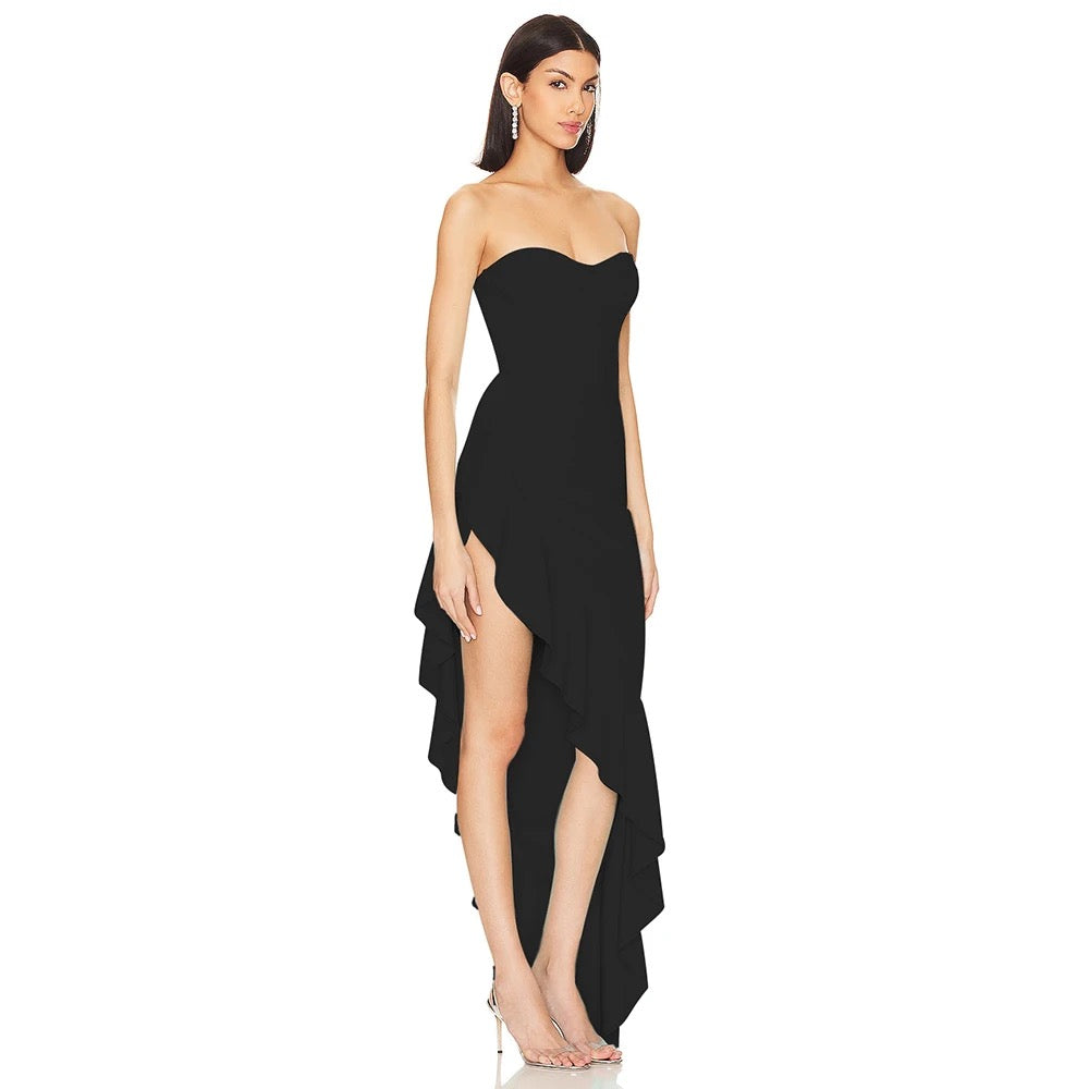 Strapless Asymmetric Ruffle Edge Long Bandage Dress