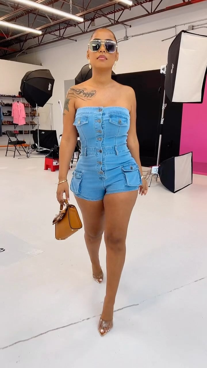 Summer Denim Jumpsuit Tube Top Stretch Romper