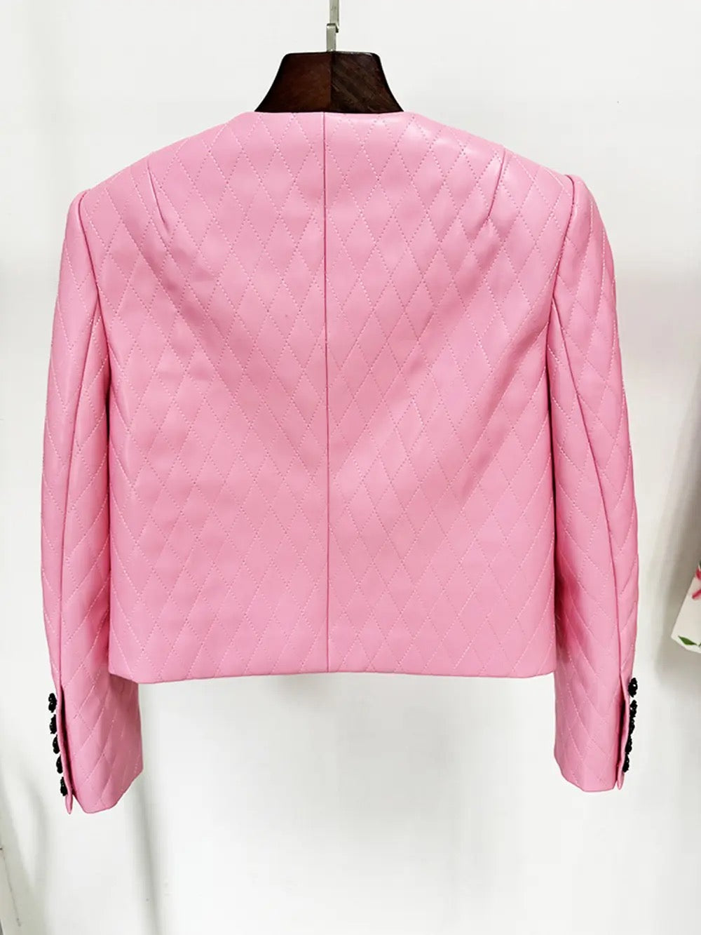 Pink Diamond Quilted Short Leather Jacket Leather Mini Skirt set