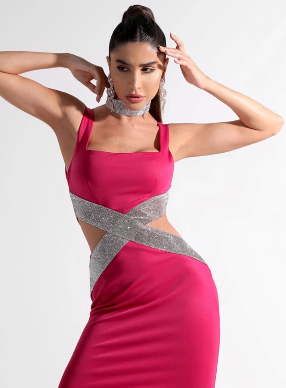 Rose Red Sleeveless Sexy Square Neck Sparkling Diamond dress