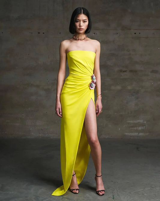 Yellow Sexy Strapless Draped Flower Details High Split Maxi Dress