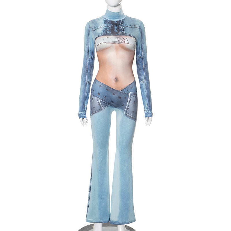 Imitation Denim Body Print Long Sleeve Turtleneck Horn One Piece