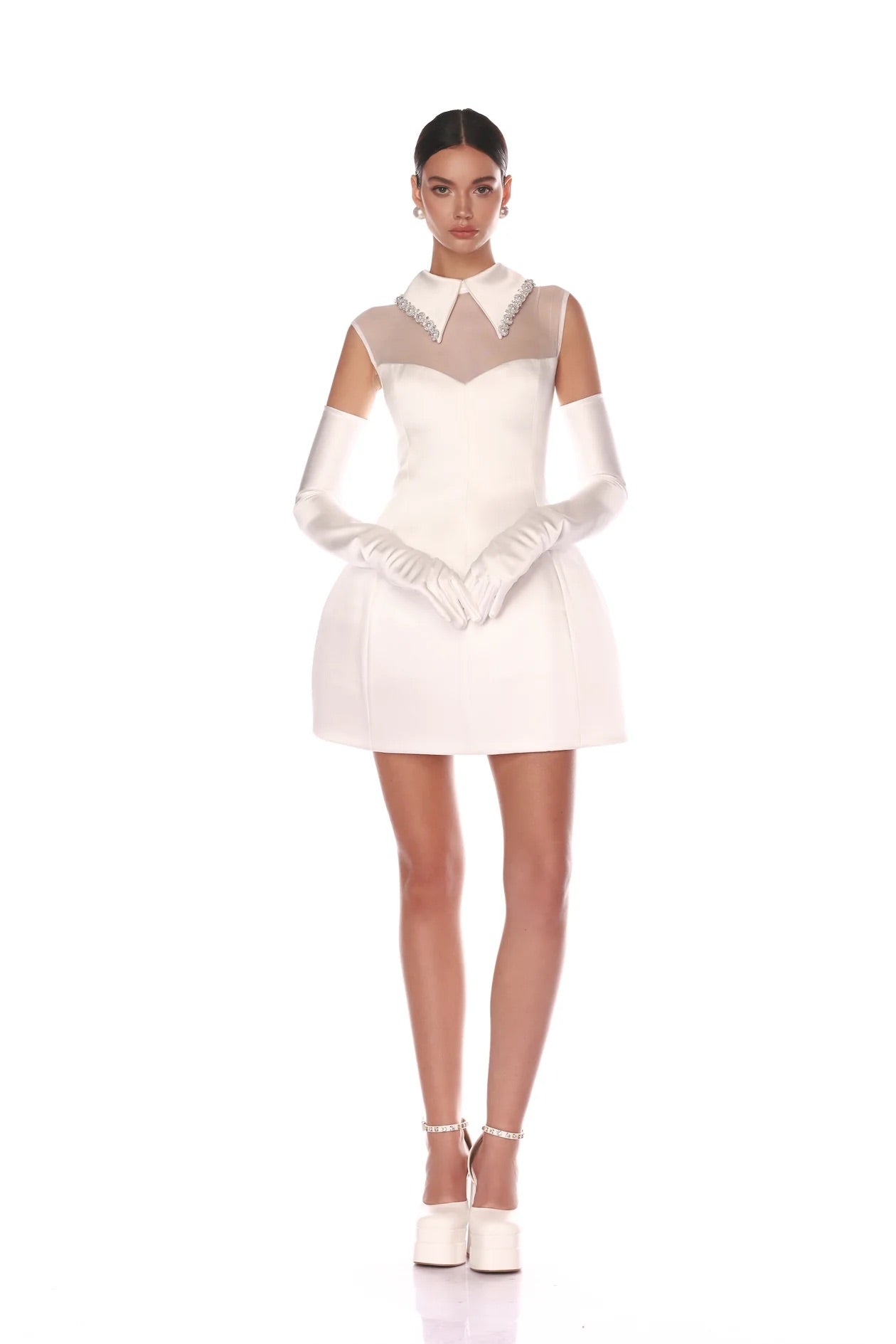 White Pearl Chain Ball Gown Mini Dress With Gloves