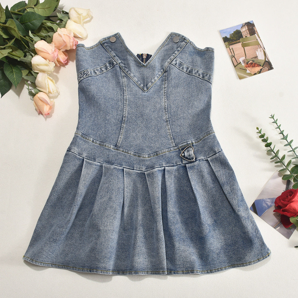 French Pleated V neck Denim Dress