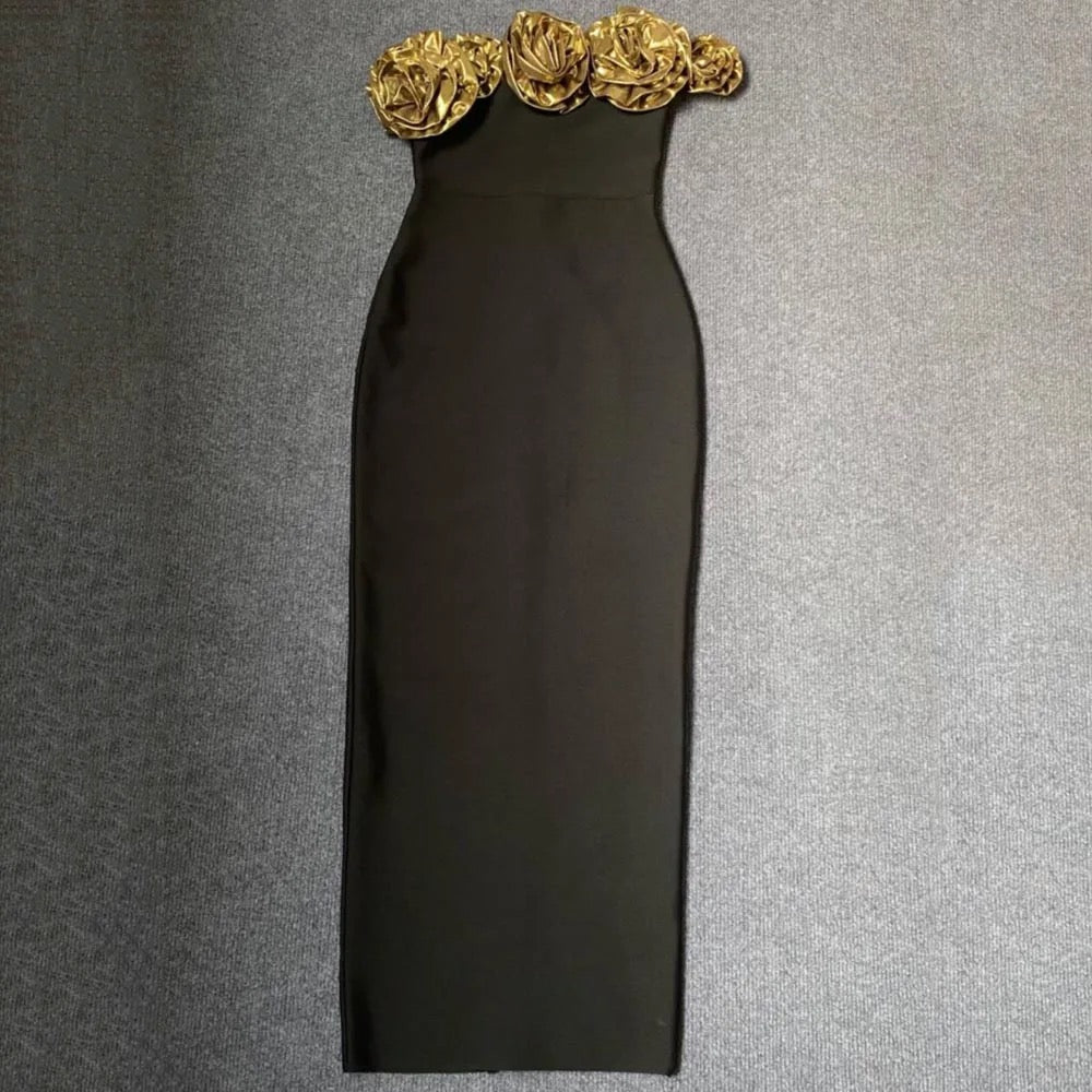 Strapless Gold Flower Tight Long Bandage Dress