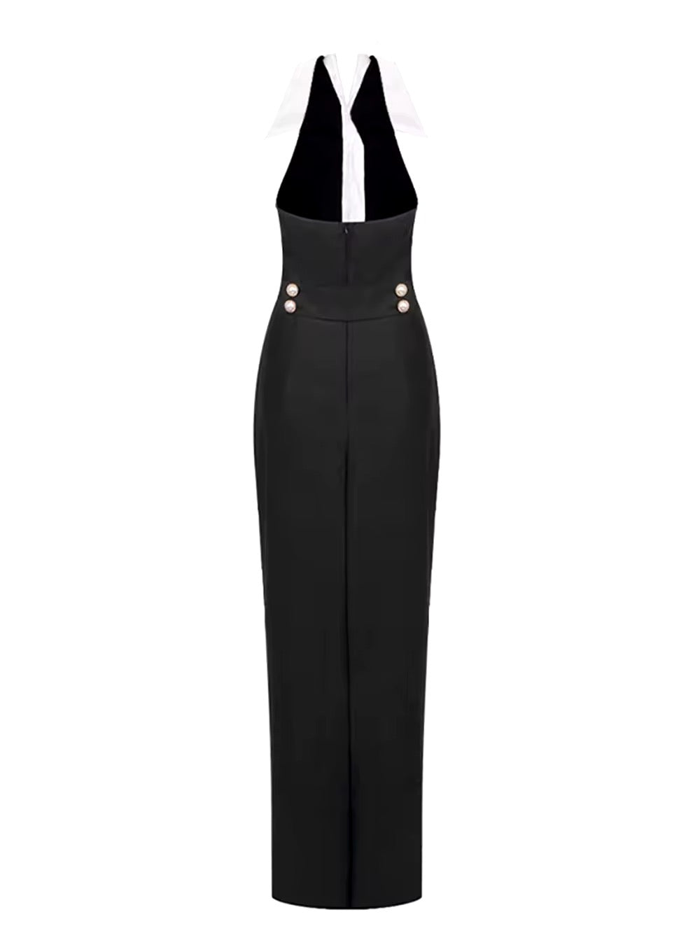 Pearl Button Backless Black Tight Maxi Dress