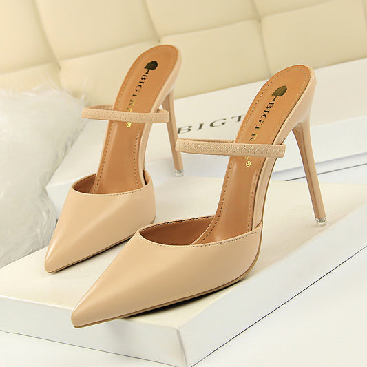 Simple Closed Toe Slippers Stiletto Heel Shallow Mouth Pointed Toe Hollow Out Cutout out Strap Slippers