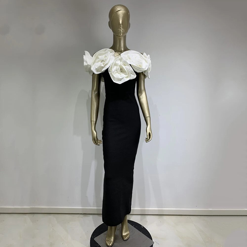 Off Shoulder 3D Flower Design Tight Long Bandage Dress