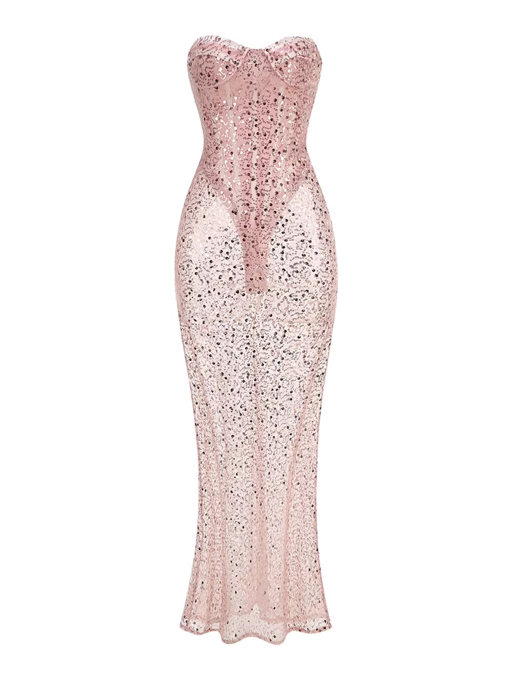 Mesh See Through Strapless Maxi Dress