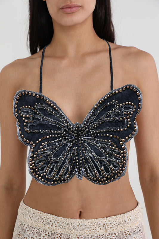 Beaded Backless Strap Halter Butterfly Top