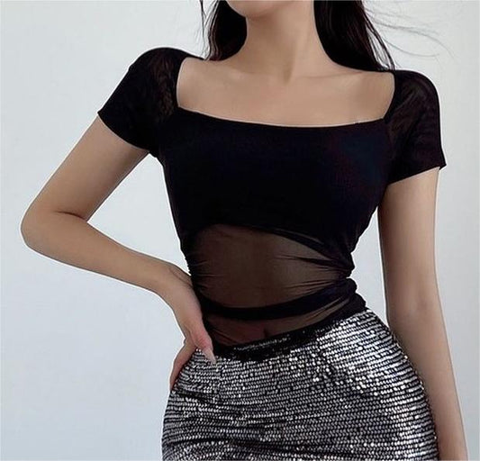 Solid Color Mesh See Through Stitching Short Sleeve Bottoming Top