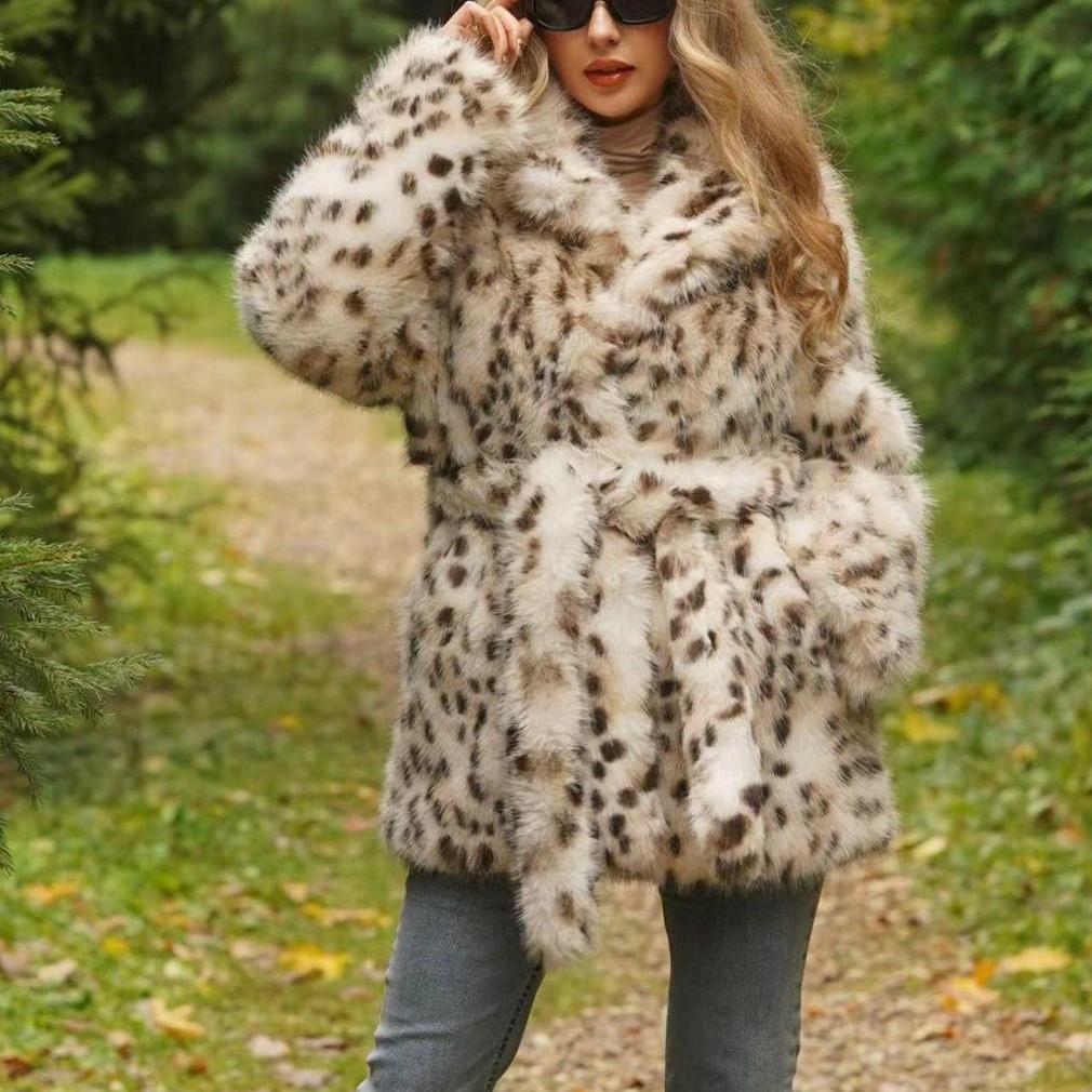 Autumn Winter Faux Fur Leopard Print Coat Collar Belt Mid Length Top