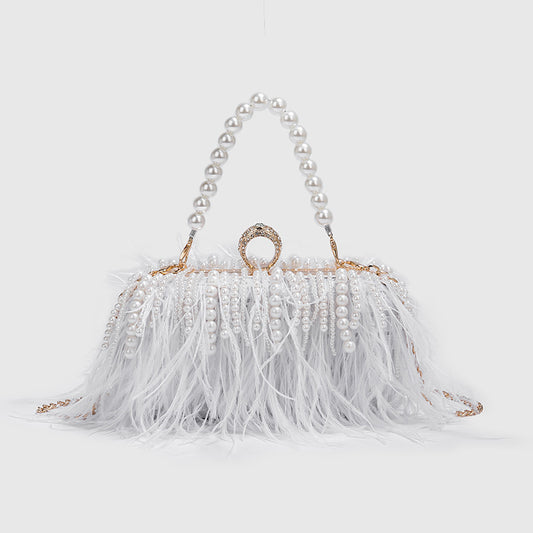 Ostrich Feather Ring Box Bag Pearl Chain Crossbody Single Shoulder Fluff