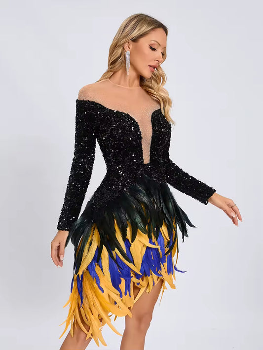 Feathers Sequin Strapless Mesh Long Sleeves Bodycon Mini Dress