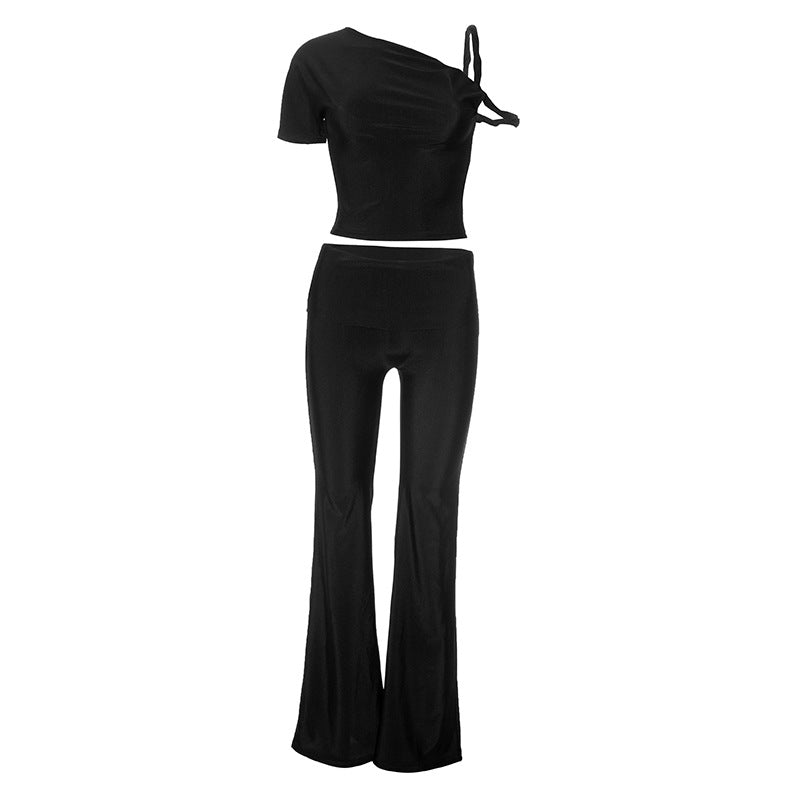 Shoulder Oblique Collar Top Low Waist Trousers Set