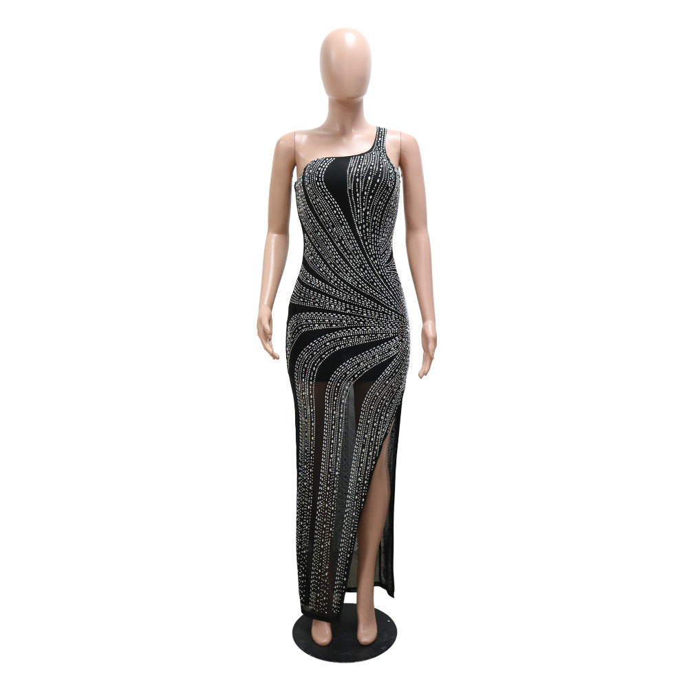 Oblique Shoulder Sexy See Through Rhinestone Dress