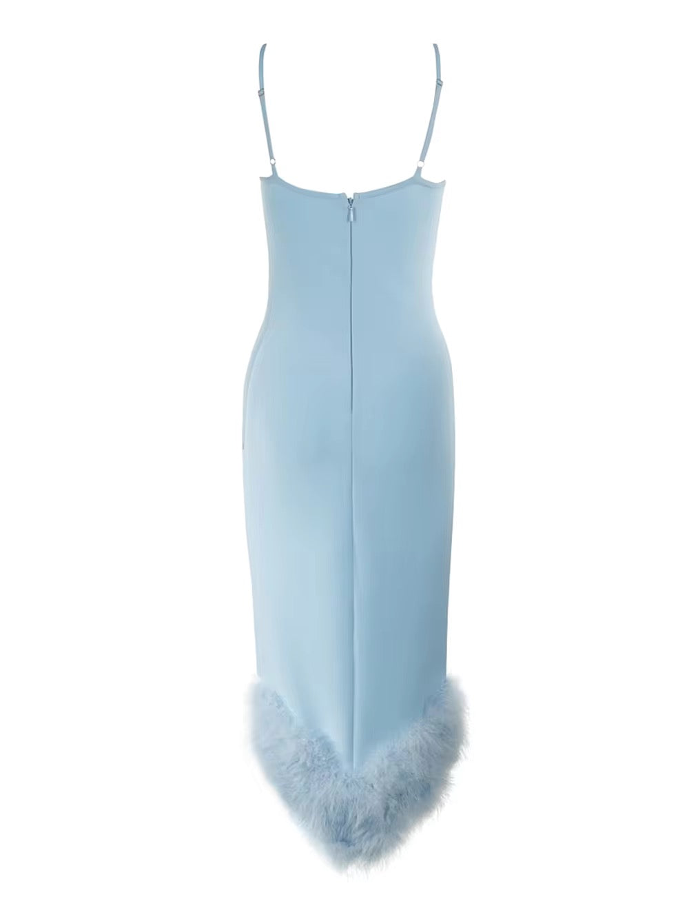 Sky Blue Feather One Shoulder Tight Asymmetric Midi Bandage Dress