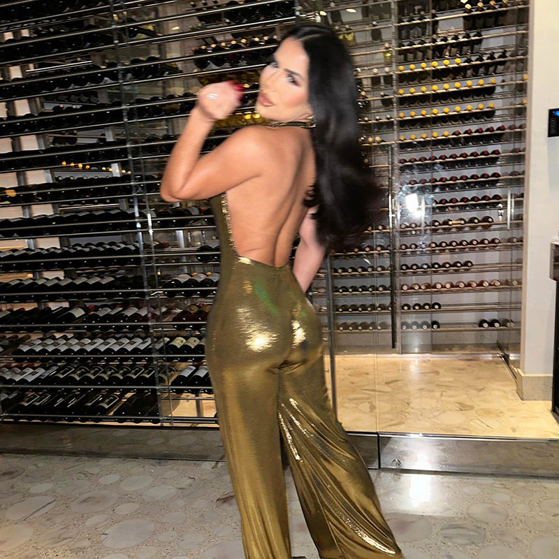 Elegant Backless Halter Golden Jumpsuit