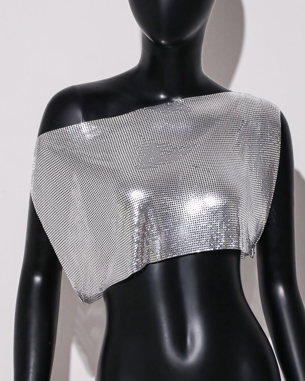 Oblique Shoulder Tops Off Neck Vest Aluminum Mesh Sequined Top