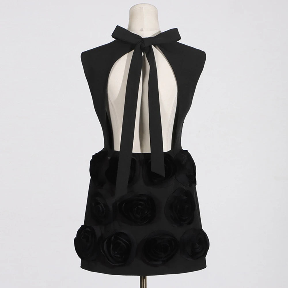 Sleeveless 3D Rose Applique Black Tight Mini Dress