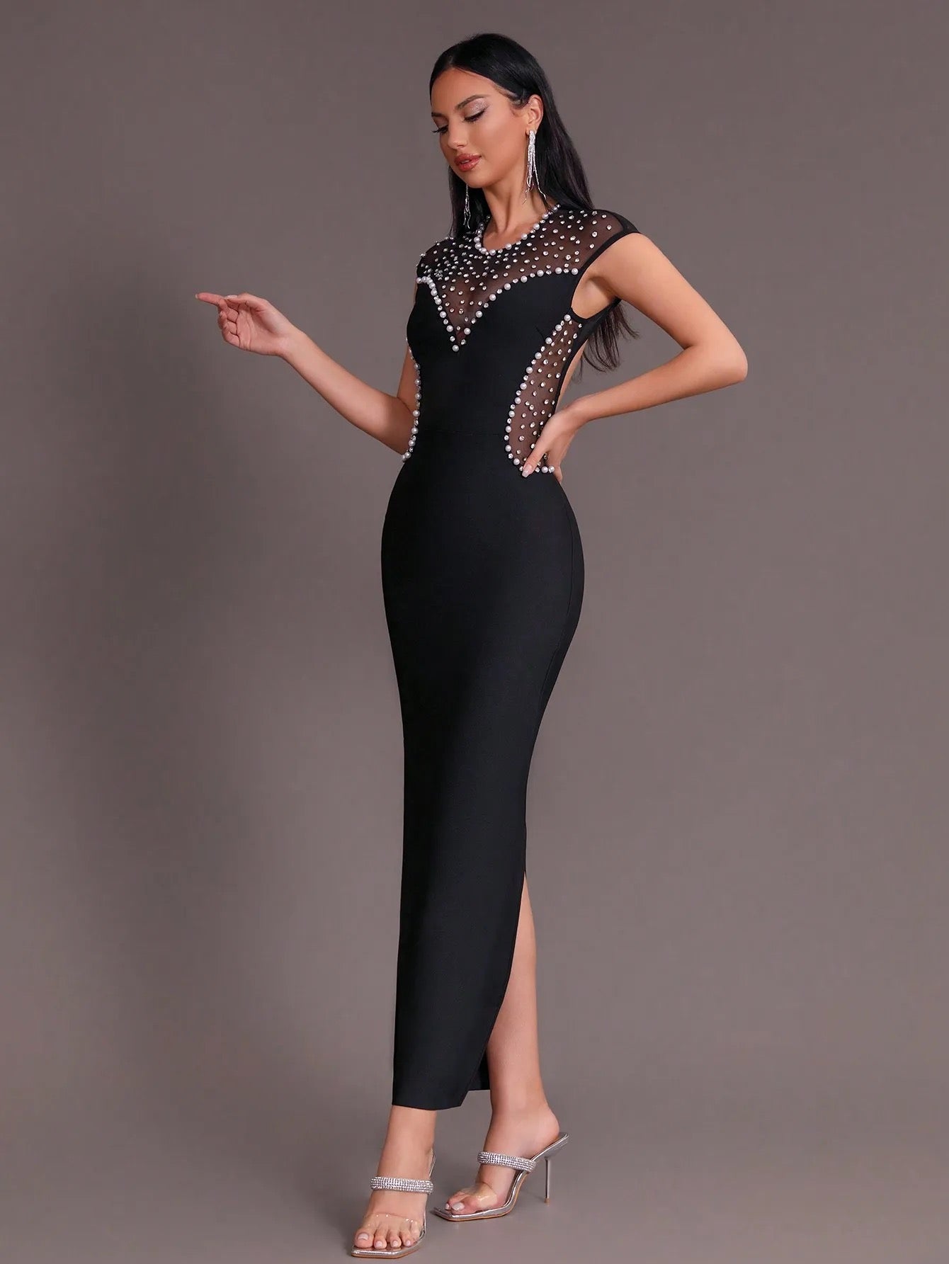 Backless Diamond Pearl Mesh Tight Long Bandage Dress