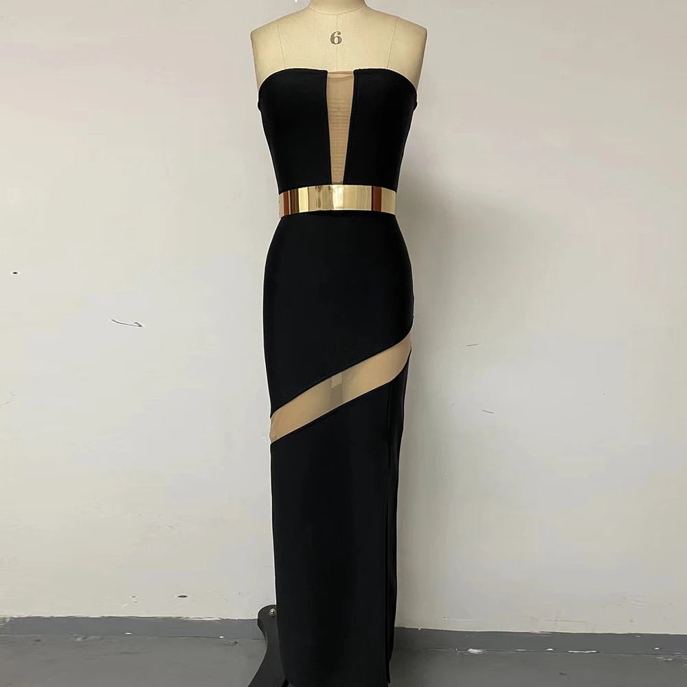 Strapless V-neck Mesh Spliced Gold Belt Long Bandage Dress