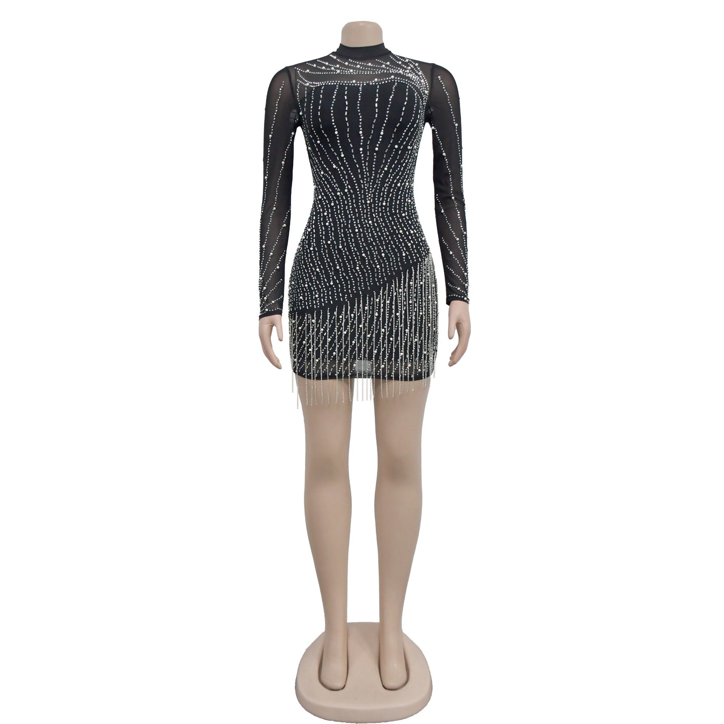 Long Sleeve Drilling Mesh See through Dress