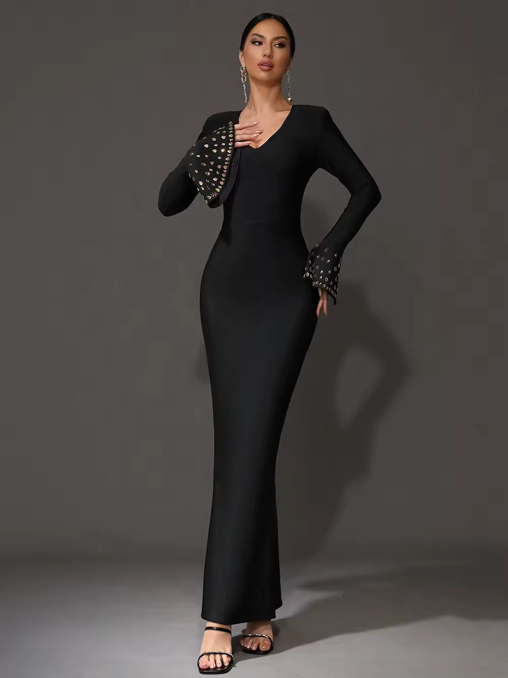 Black Crystal Sexy V-Neck Flared Sleeve Tight Long Bandage Dress