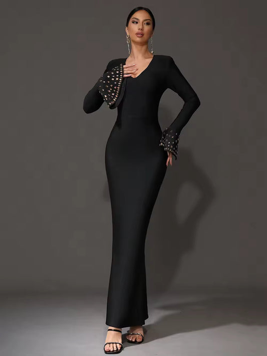 Black Crystal Sexy V-Neck Flared Sleeve Tight Long Bandage Dress