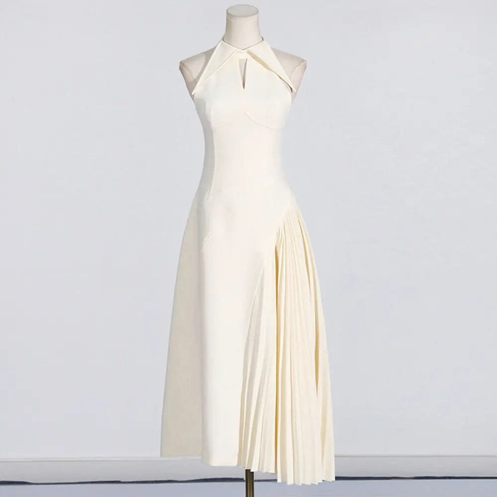 Collar, Hollow out Sleeveless Spliced pleated waist,dress