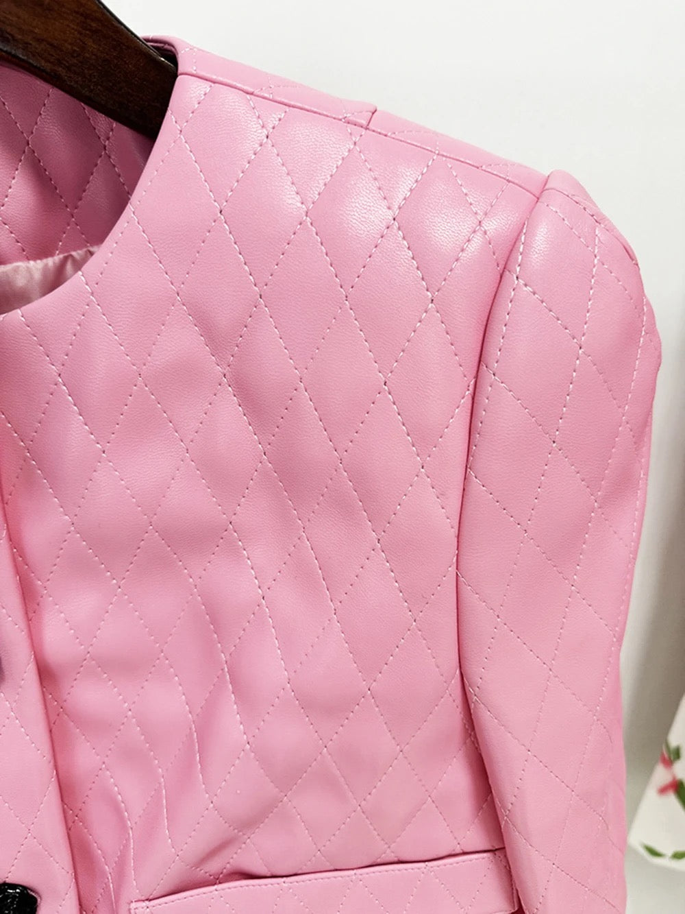 Pink Diamond Quilted Short Leather Jacket Leather Mini Skirt set