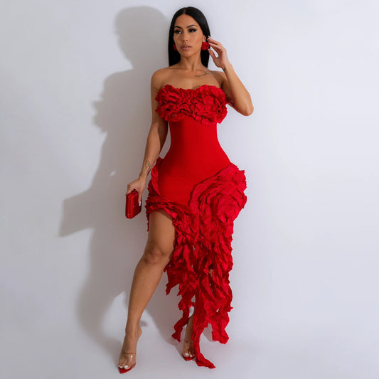 Strapless Ruffles Tassel Splicing Irregular dress